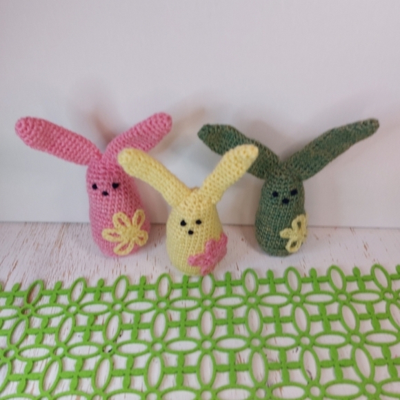 Three Cute Long Ear Bunnies with Flowers Handmade by me! Cute Decor or Gift Boho - Picture 6 of 12